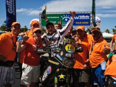 O piloto de moto frances David Casteu da equipe Casteau ELF Sherco, conquista o quarto lugar na categoria motos na 18a edicao do Rally Internacional dos Sertoes 2010. Com este titulo, Casteau tambem conquista o titulo de primeiro lugar no Campeonato Mundial de Rally Cross Country da FIM (Federacao Internacional de Motociclismo) na categoria motos ate 450 cilindradas. O evento teve inicio na cidade de Goiania (GO) no dia 11/08 e terminou no dia 20/08, na cidade de Fortaleza (CE). Sobral/CE, Brasil - 20/08/2010. Foto: Theo Ribeiro / Fotoarena